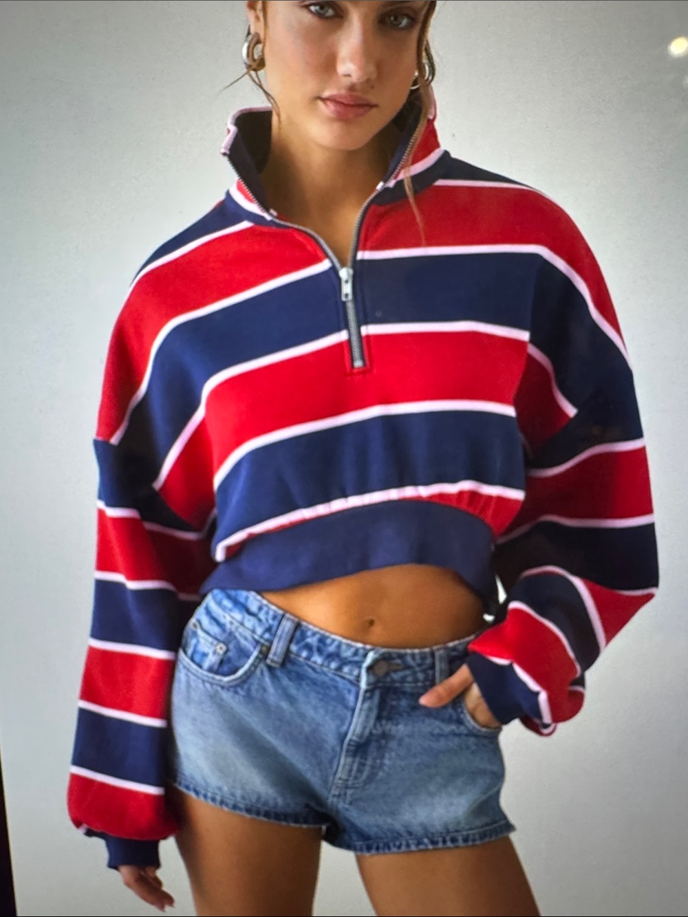 Urban Outfitters Red & Navy Striped Cropped Half-Zip Sweatshirt